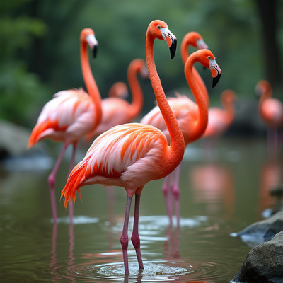 Flock of pink flamingos in water