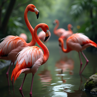Flamingos standing in jungle water