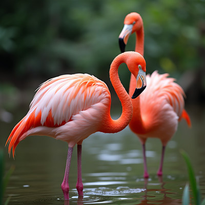 Two pink flamingos standing in water