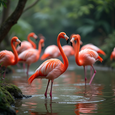 Flock of pink flamingos in shallow water