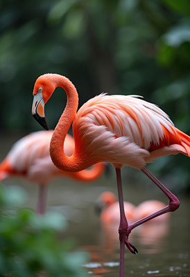Flamingos standing in green water