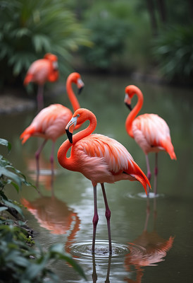 Flamingos standing in shallow water