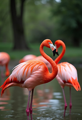 Pair of Flamingos Standing in Water