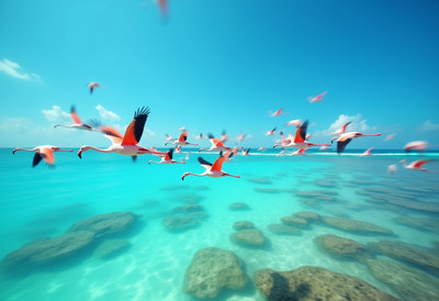 Flamingos flying over turquoise lagoon