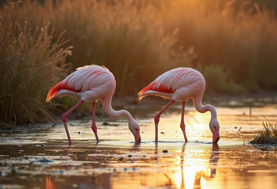 Two Flamingos Feeding at Sunset