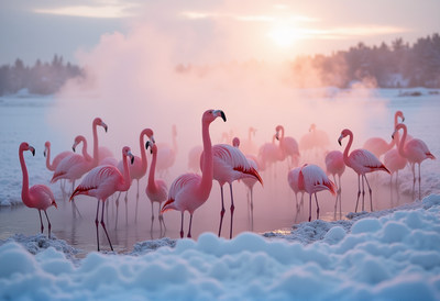 Flamingos Standing in Snowy Water