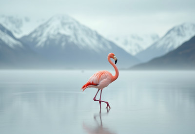 Pink Flamingo Standing in Snowy Mountains