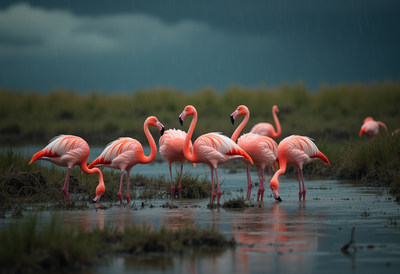 Flock of pink flamingos in marsh