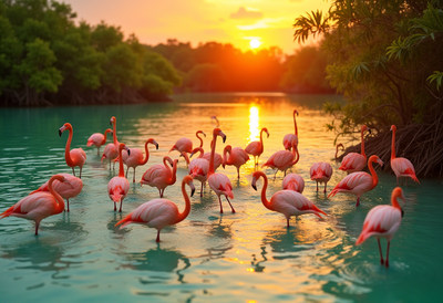 Flock of pink flamingos in turquoise water