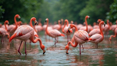 Flock of pink flamingos in water