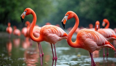Flock of pink flamingos in water