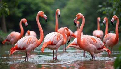Flock of pink flamingos in water