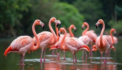 Flock of pink flamingos in water
