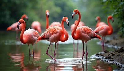 Flock of pink flamingos in water