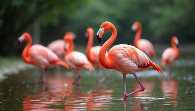 Flock of flamingos in shallow water