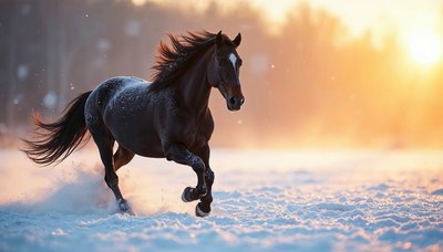 Black horse galloping in snowy sunset