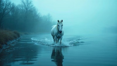 White horse galloping through misty water