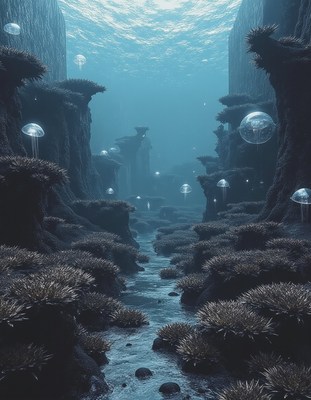 Underwater Canyon with Jellyfish