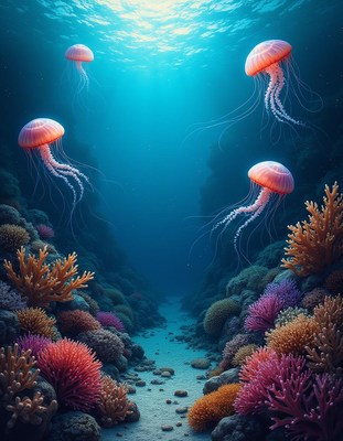 Pink Jellyfish in Deep Blue Ocean