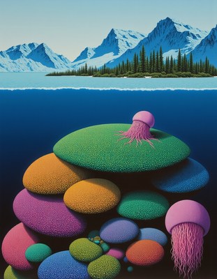 Colorful Jellyfish Over Vibrant Rock Pile