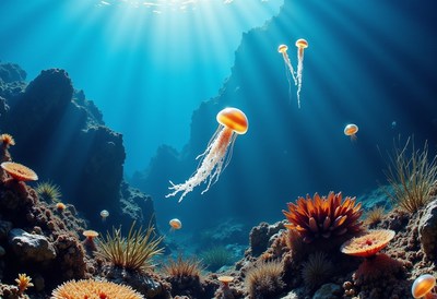 Orange Jellyfish in Underwater Coral Reef