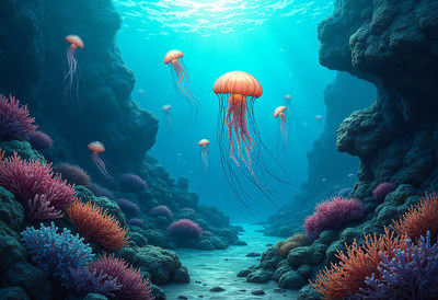 Orange Jellyfish Swimming in Underwater Canyon