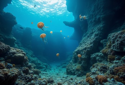 Orange Jellyfish Swimming in Underwater Cave