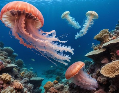 Colorful Jellyfish Swimming Near Coral Reef