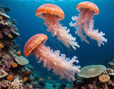 Orange Jellyfish Swimming Near Coral Reef