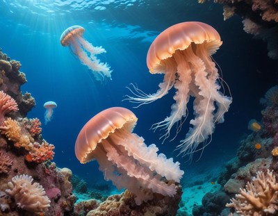Swarm of Jellyfish in Underwater Coral Reef