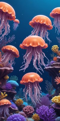 Orange Jellyfish Swimming in Deep Sea