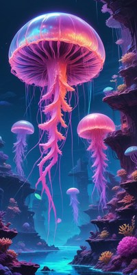 Glowing Pink Jellyfish in Underwater Cave