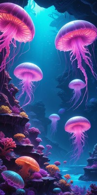 Glowing Pink Jellyfish in Underwater Cave