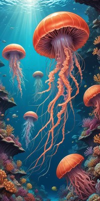 Orange Jellyfish in Underwater Coral Reef