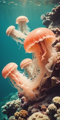 Pink Jellyfish Swimming Near Coral Reef