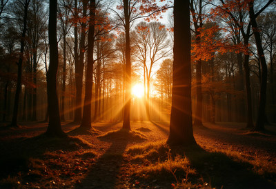 Sunlight Rays Through Autumn Forest Trees