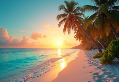 Tropical Beach Sunset with Palm Trees