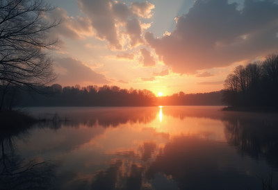 Sunset over misty lake