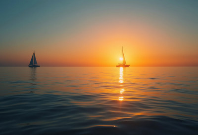Sailboats on calm sea at sunset