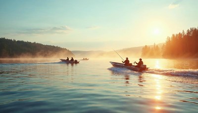 Men fishing in boats at sunrise