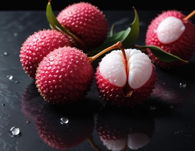 Fresh Lychees on Black Background