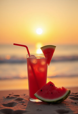 Watermelon Drink on Beach at Sunset