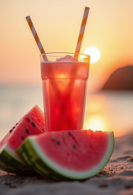 Watermelon Drink on Beach at Sunset