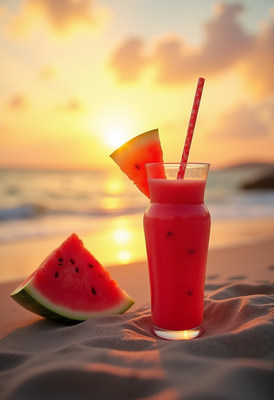 Watermelon Smoothie on Beach Sunset