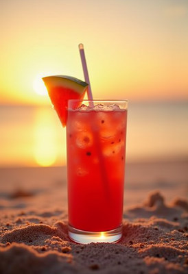 Watermelon Drink on Beach Sunset
