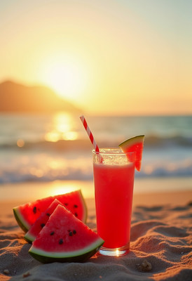 Watermelon Drink on Beach at Sunset
