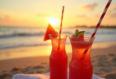 Watermelon Cocktails on Beach at Sunset