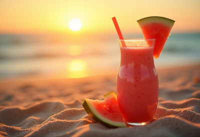 Watermelon Smoothie on Beach at Sunset