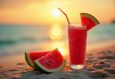 Watermelon Smoothie on Beach Sunset