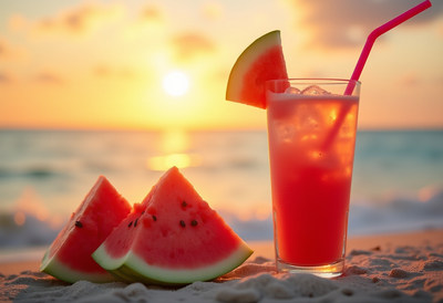 Watermelon Slices and Cocktail at Sunset Beach